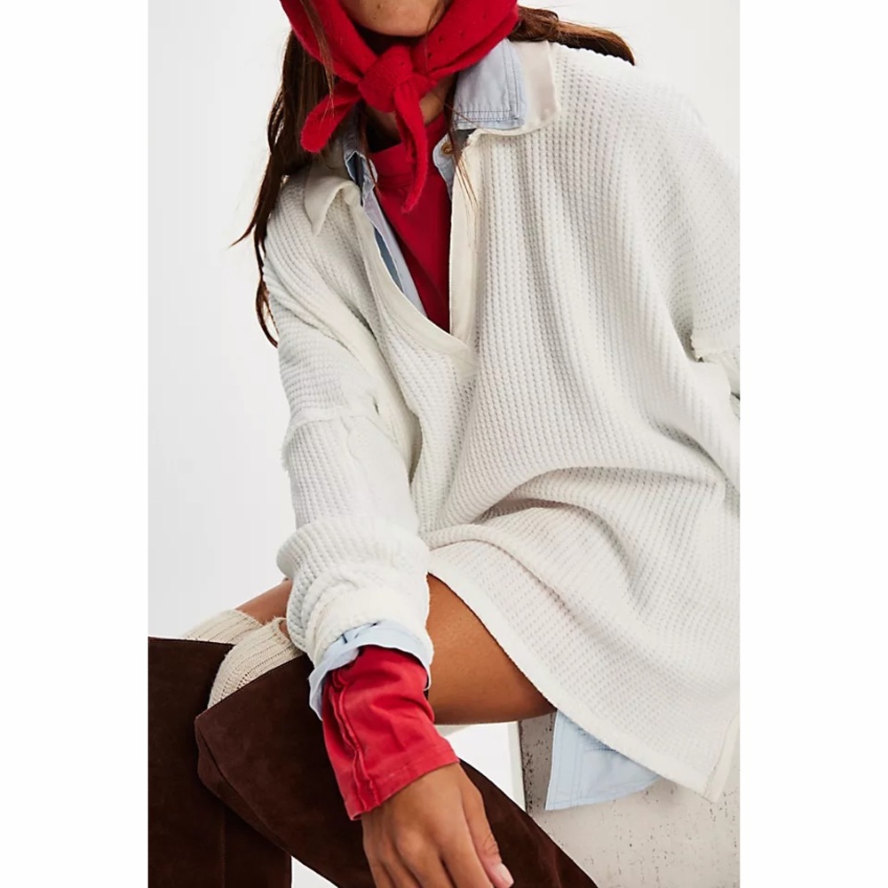 FP | WTF Travis Polo V-Neck Sweater Popover Henley Thermal Top Slouchy Shirt